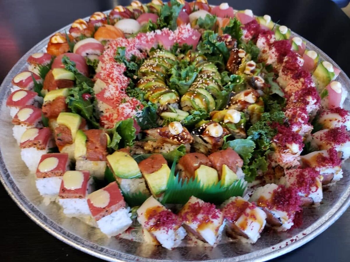 Colorful assorted sushi roll platter